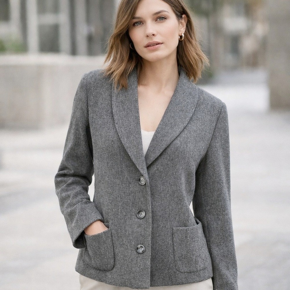 Just Us Two‎ Grey Boucle Wool Blend Blazer Shawl Collar 19" PTP Medium 3 Button